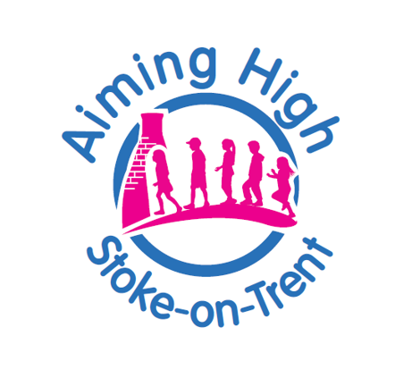 Blue writing reading Aiming High Stoke on Trent, written around a pink silhouette of 5 children walking in a line in front of a bottle kiln.