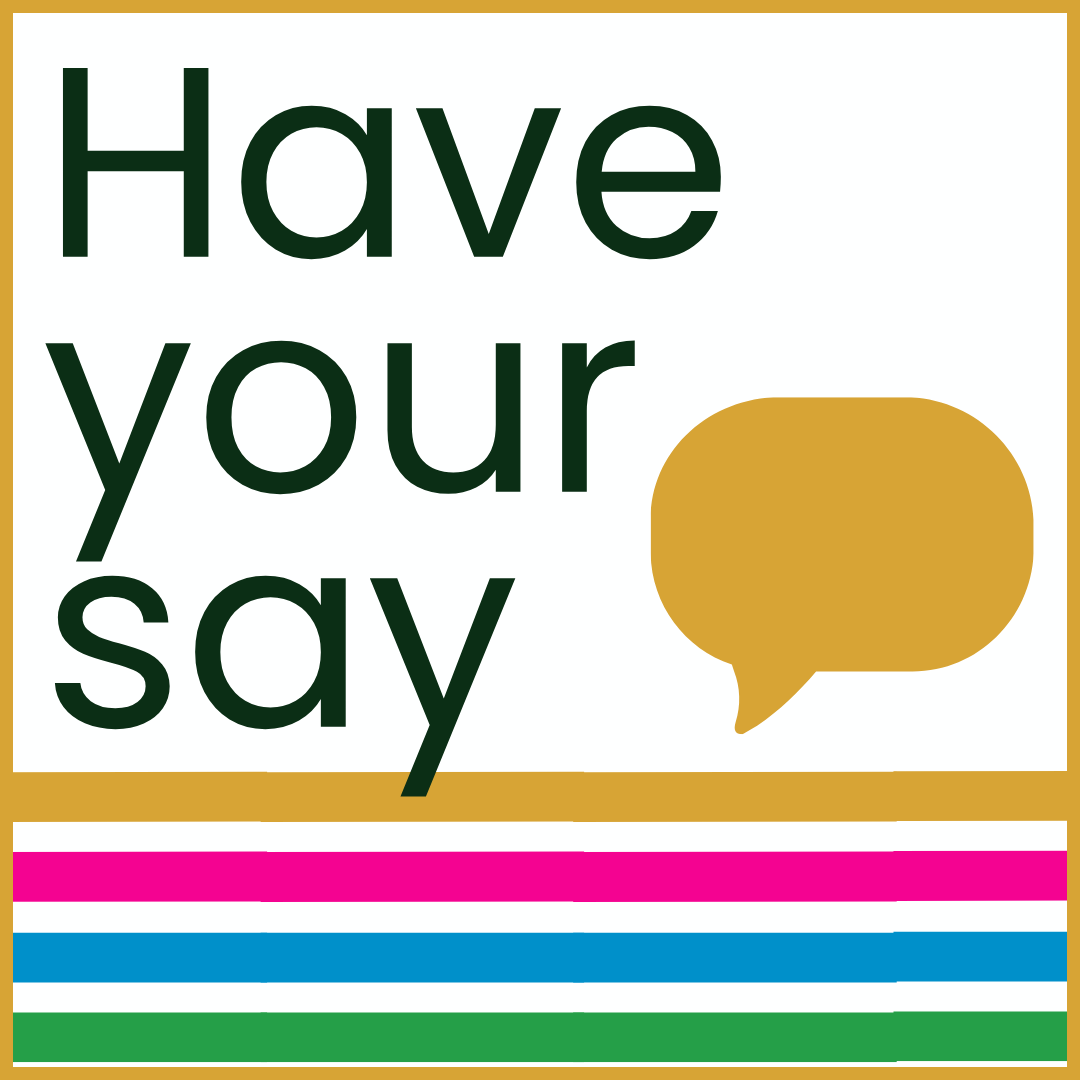 Colourful stripes, a speech bubble, and the words Have Your Say.