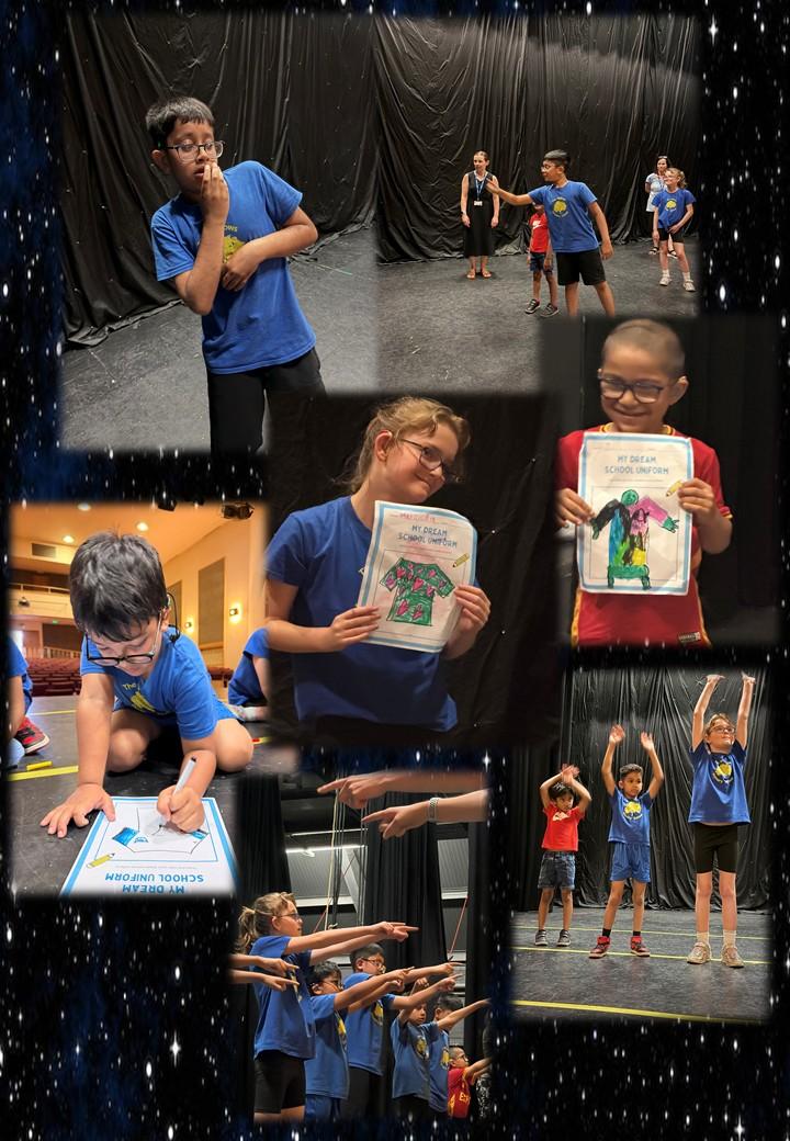 Collage of children in matching blue T-shirts taking part in a theatre workshop on a stage, practising movement, group poses and performance activities against black curtains and a red stage backdrop.