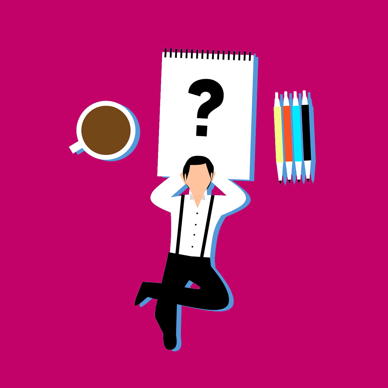 Person lying on a notebook with a question mark next to some pens and a hot drink