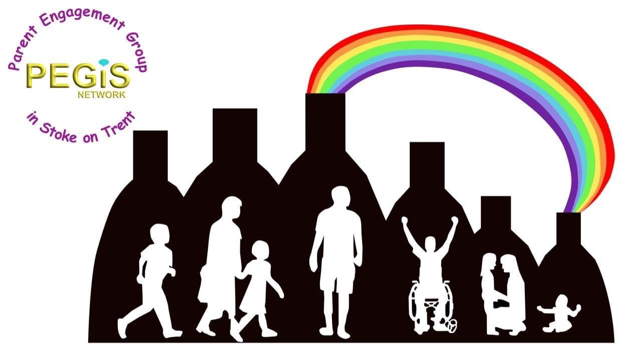 PEGIS network - parents engagement group in stoke on trent image. logo including illustration of potbanks, adults, children and a rainbow