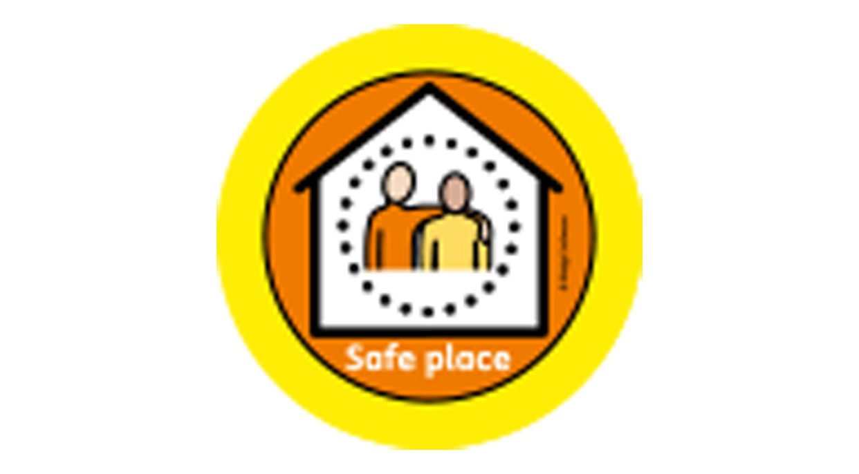 Safe place logo showing 2 people inside an illustration of a building