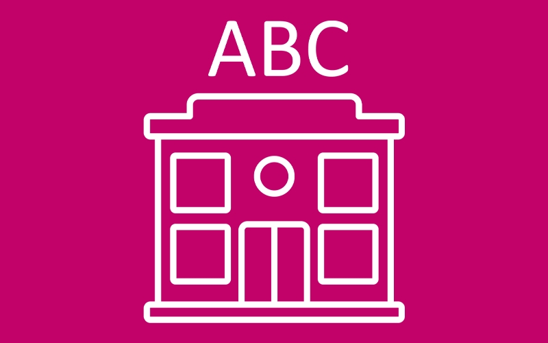 Line art of a school's front facade with alphabet above - link to education settings pages