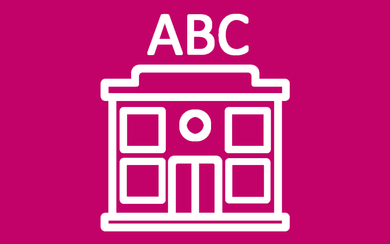 Line art of a school's front facade with alphabet above