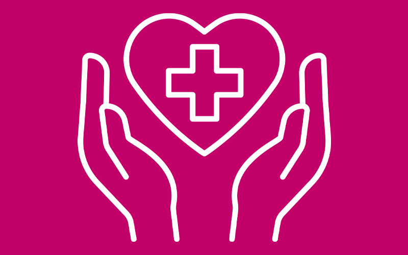 drawing of a pair of hands holding a heart with a medical cross in the centre - link to health and social care pages