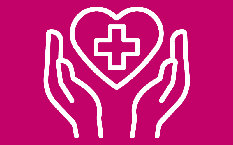 drawing of a pair of hands holding a heart with a medical cross in the centre