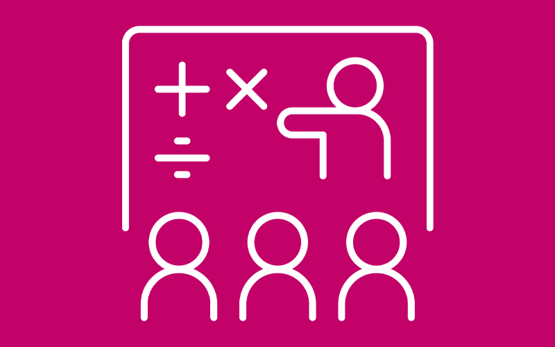 a drawing of a teacher standing at the front of a classroom teaching maths - link to support for learning pages