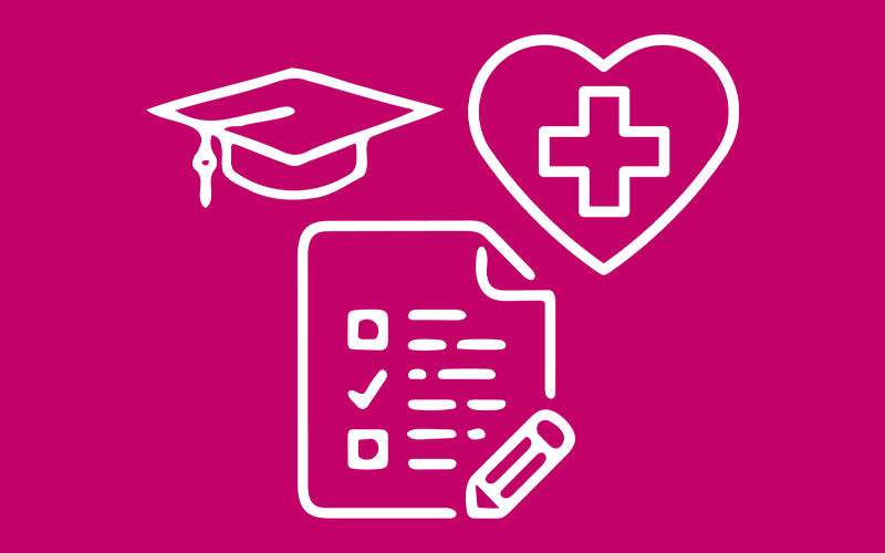 drawing of a graduation cap, a heart with a medical cross and a marked test paper - link to education, health and care plans